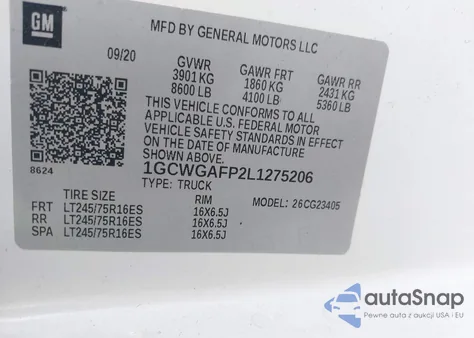 2020 Chevrolet Express Cargo Rwd 2500 Regular Wheelbase Wt from USA, damaged, VIN 1GCWGAFP2L1275206